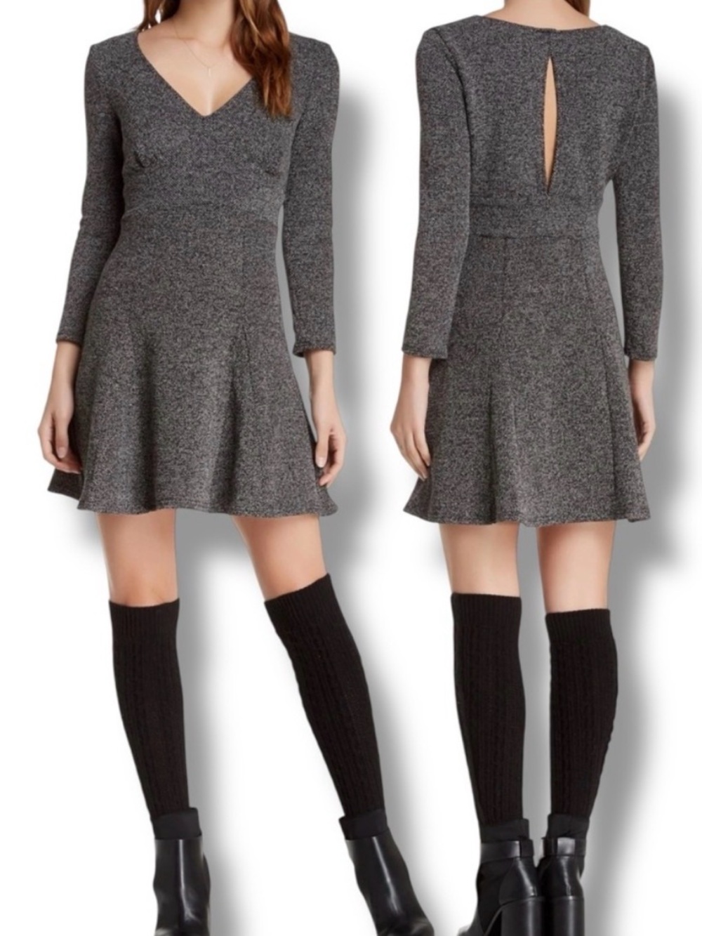 Free People Heartstopper B&W Grey Keyhole Tweed Mini Dress sz L